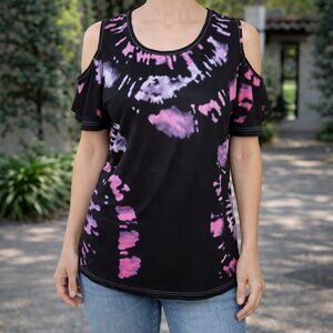 XL Beyond This Plane Pink Tie Dye print cold shoulder blouse